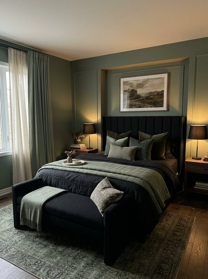 15. Green Paneled Alcove with Black Upholstered Bed and Warm Table Lamps