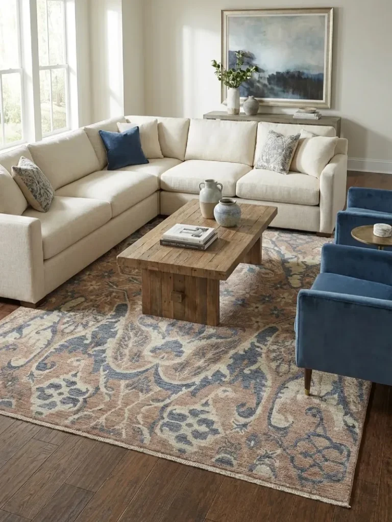 15. Muted Floral Area Rug in Classic Living Room with Blue Accent Chairs and Warm Wood Coffee Table