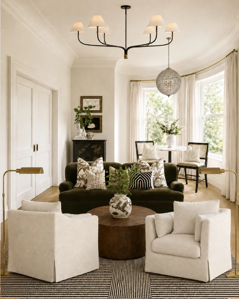 15. Round Dark Wood Drum Coffee Table with Olive Sofa, Cream Chairs, and Striped Rug