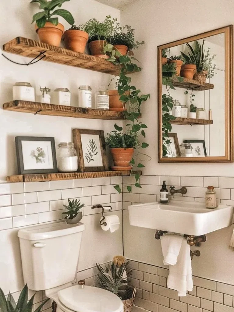 15. Rustic Wood Shelves with Terracotta Plant Pots