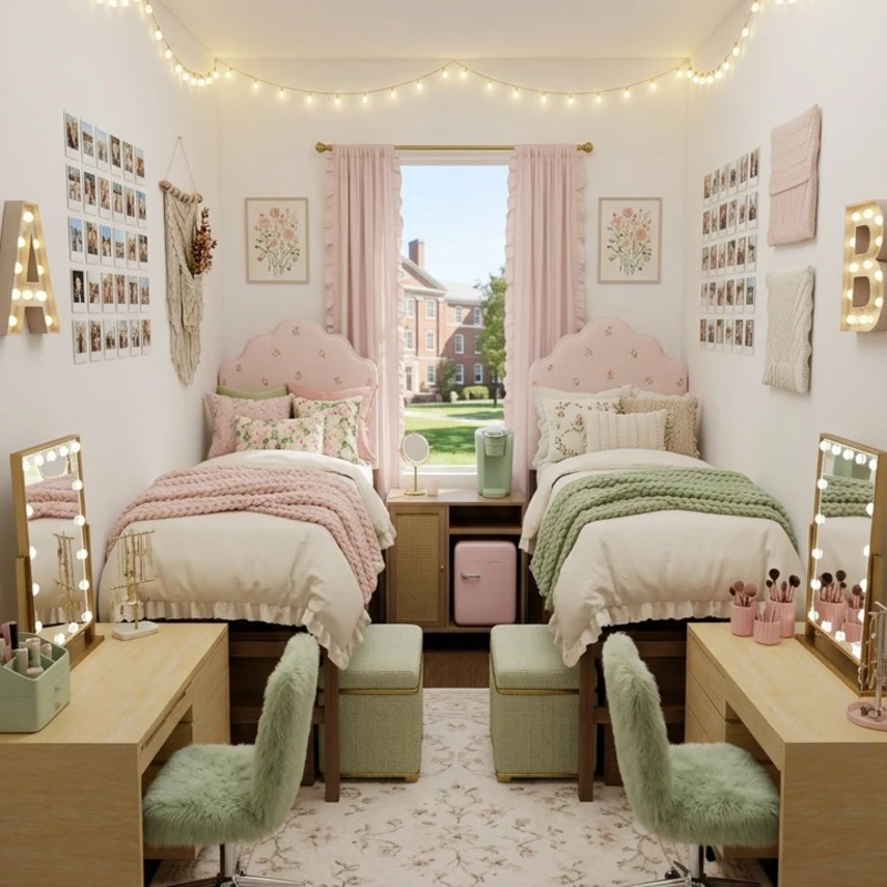 15. Twin Pink Headboards with Vanity Mirrors, Photo Grids, and String Lights