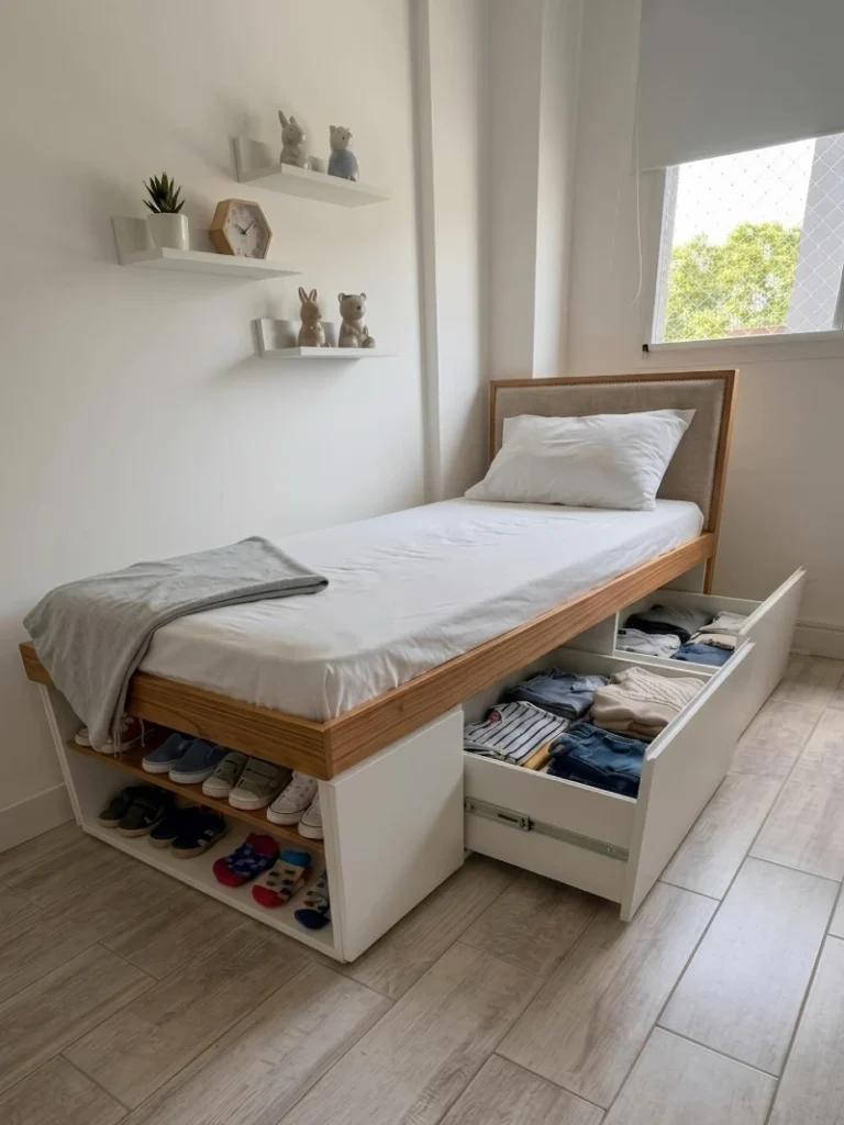 15. Two-Tone Storage Bed with Pullout Clothes Drawer and Shoe Cubbies