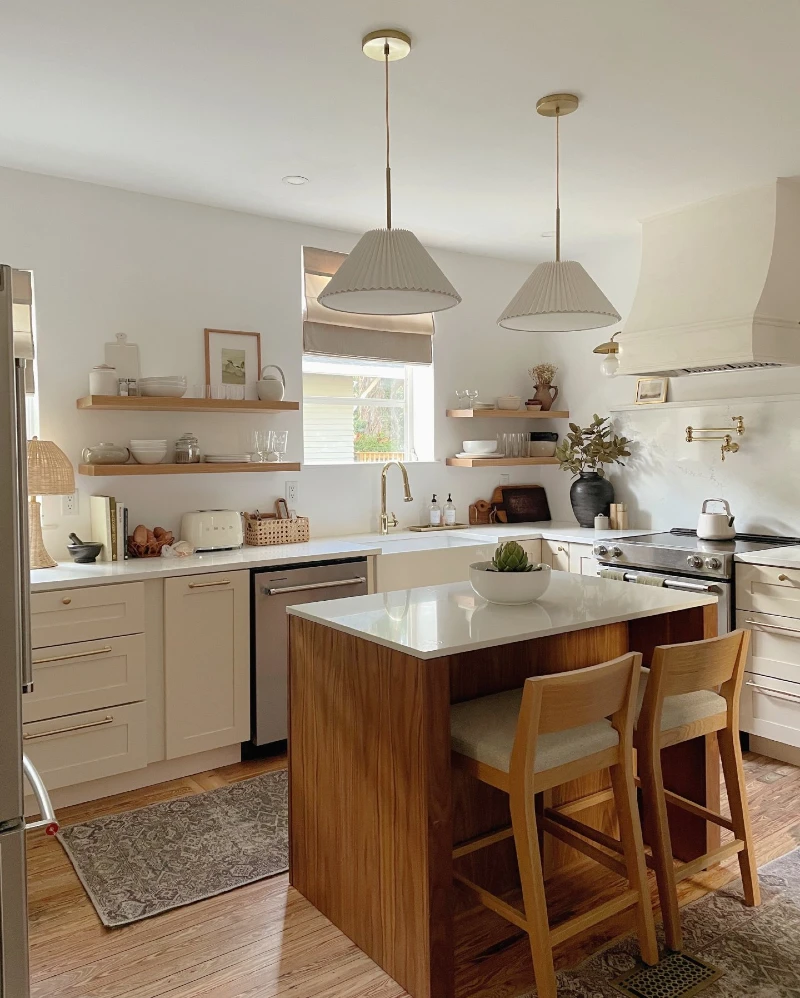 15. Warm Minimal Kitchen with Wood Island, Soft Neutrals, and Open Shelf Styling