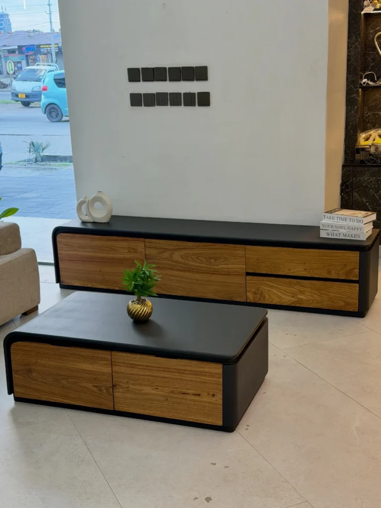 16. Black and Oak Storage Coffee Table with Matching Low Media Cabinet
