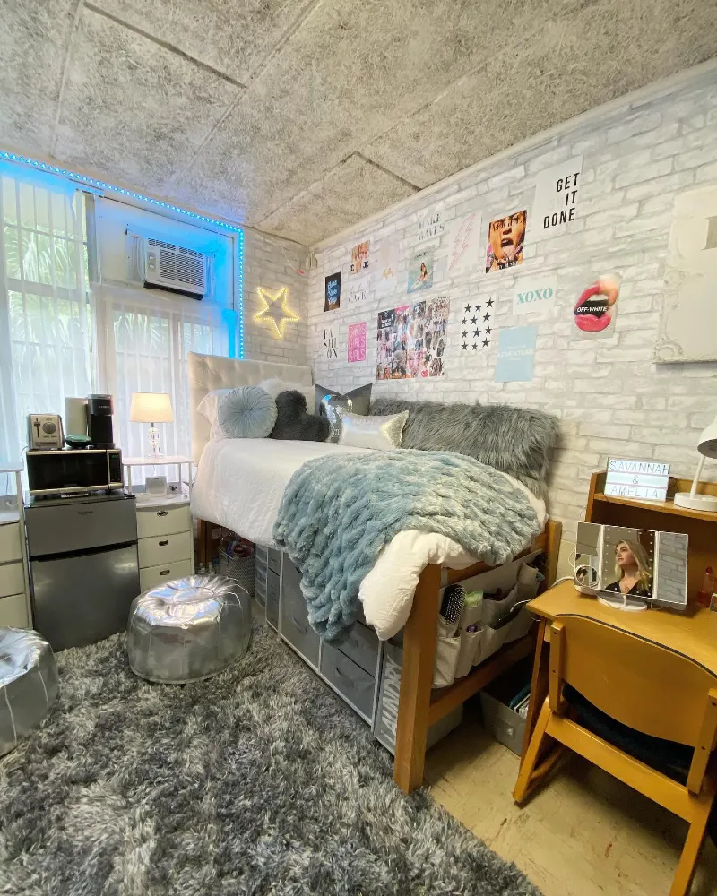 16. Faux Brick Wall with Blue LED Trim and Lofted Bed Storage