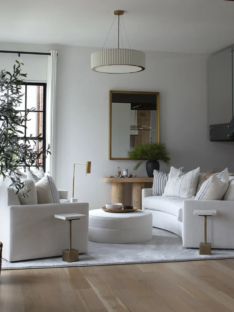 16. White Conversation Nook with Pleated Drum Pendant and Olive Tree