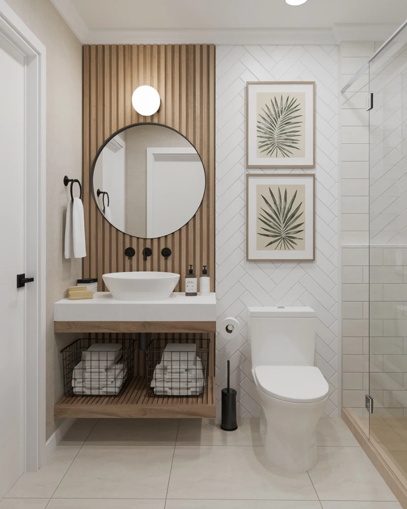 16. Wood Slat Vanity Wall with Palm Print Frames
