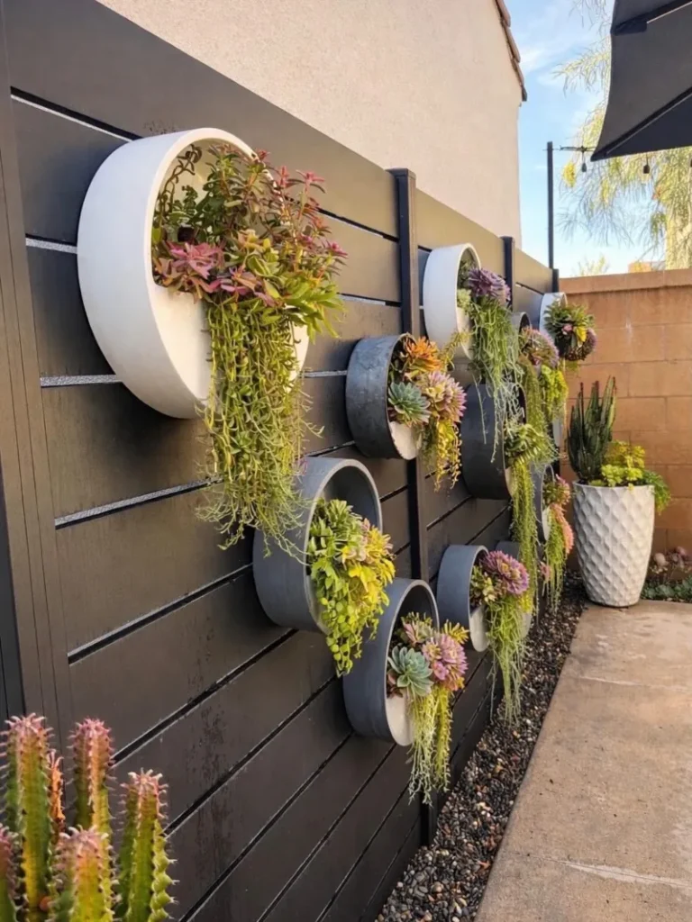 17. Black Slat Fence with Round Succulent Wall Planters and Trailing Greenery