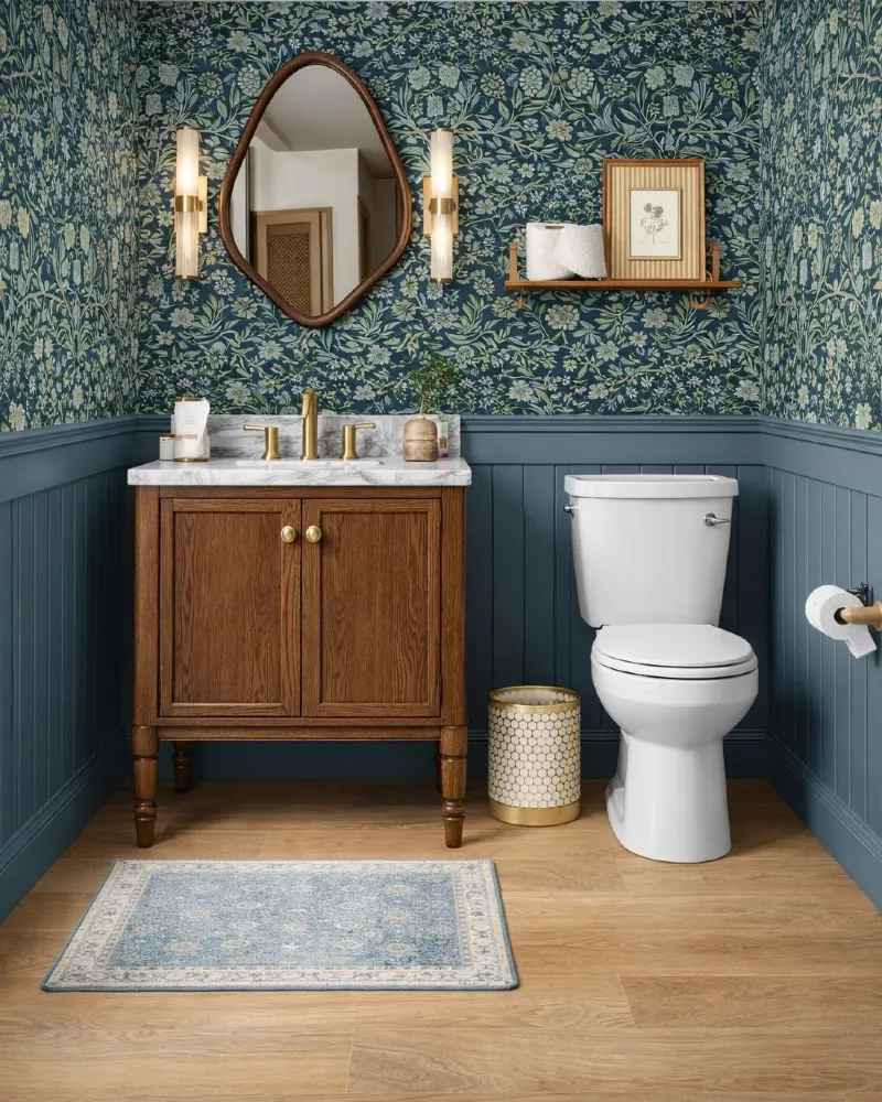 17. Blue Floral Wallpaper with Vintage Wood Vanity
