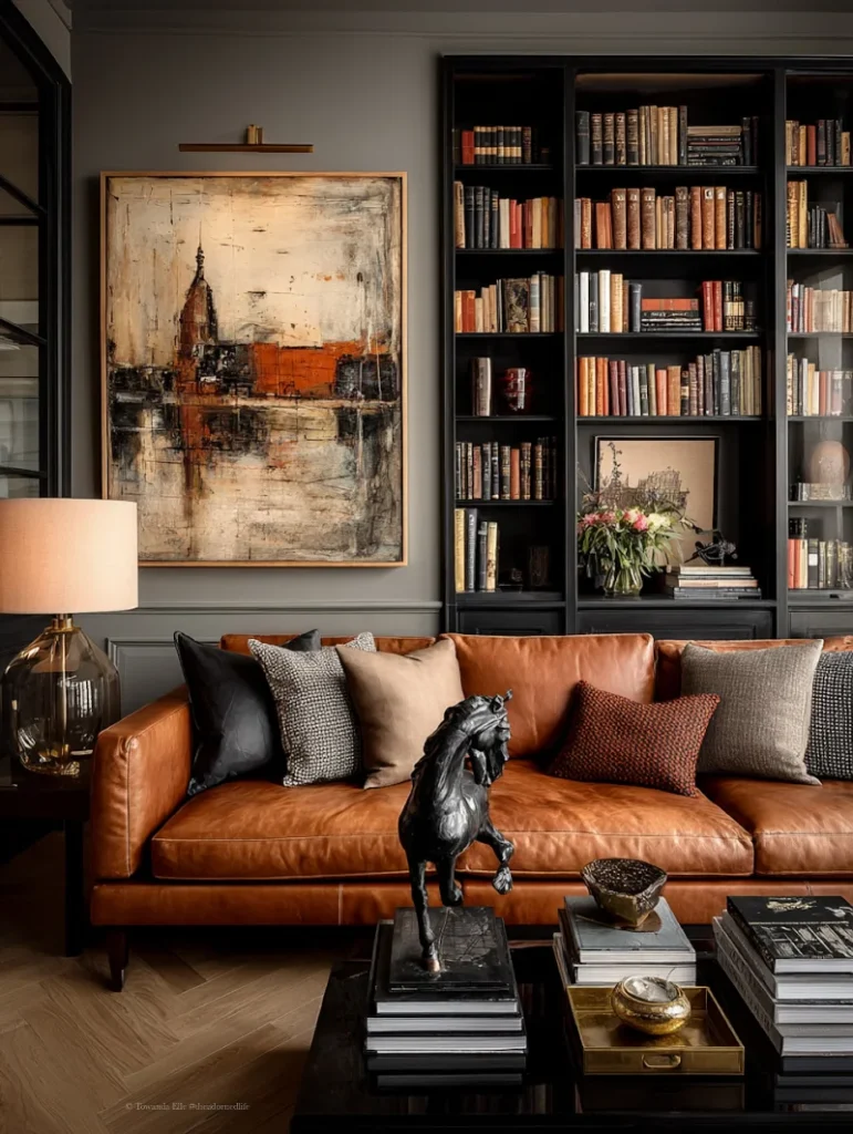 17. Cognac Leather Sofa with Black Bookcases and Abstract City Art