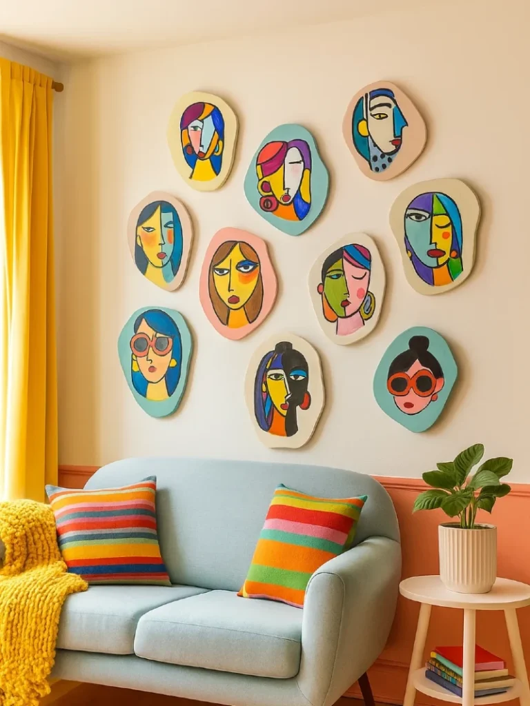 17. Color Pop Face Plate Gallery Wall with Bold Sofa and Striped Cushion Styling