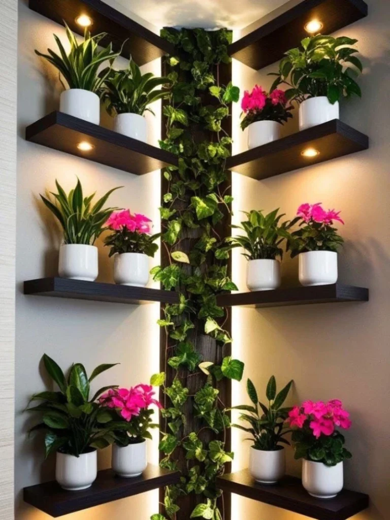 17. Corner Plant Shelf with Dark Floating Ledges, White Pots, and Warm Spotlights