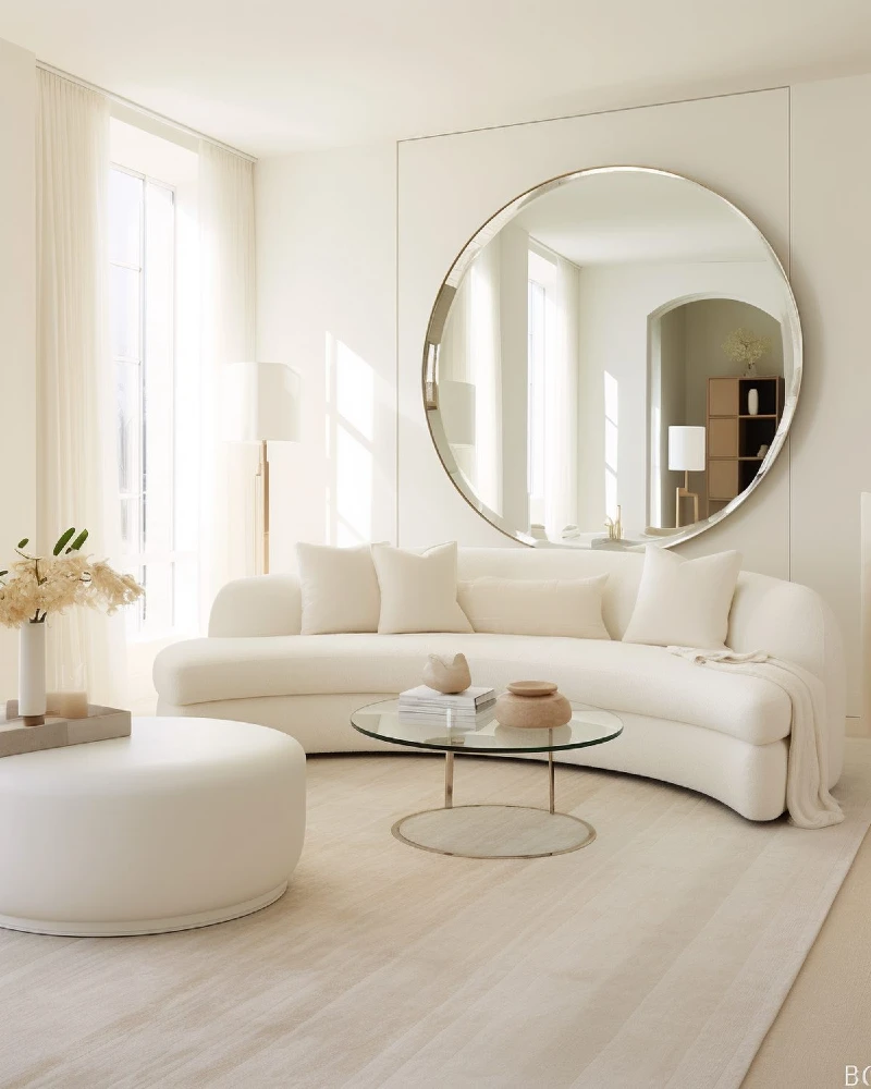 17. Curved White Sofa with Oversized Round Mirror and Glass Coffee Table