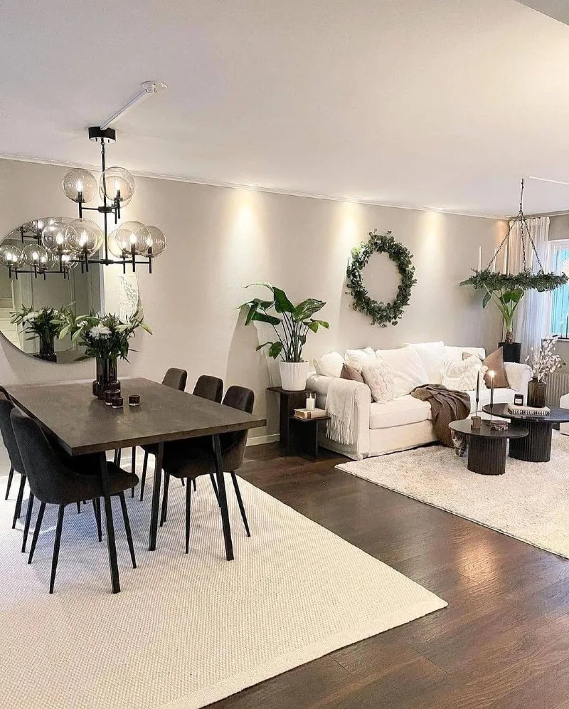 17. Dark Wood Dining Table with White Sofa, Ribbed Coffee Tables, and Soft Cream Rugs