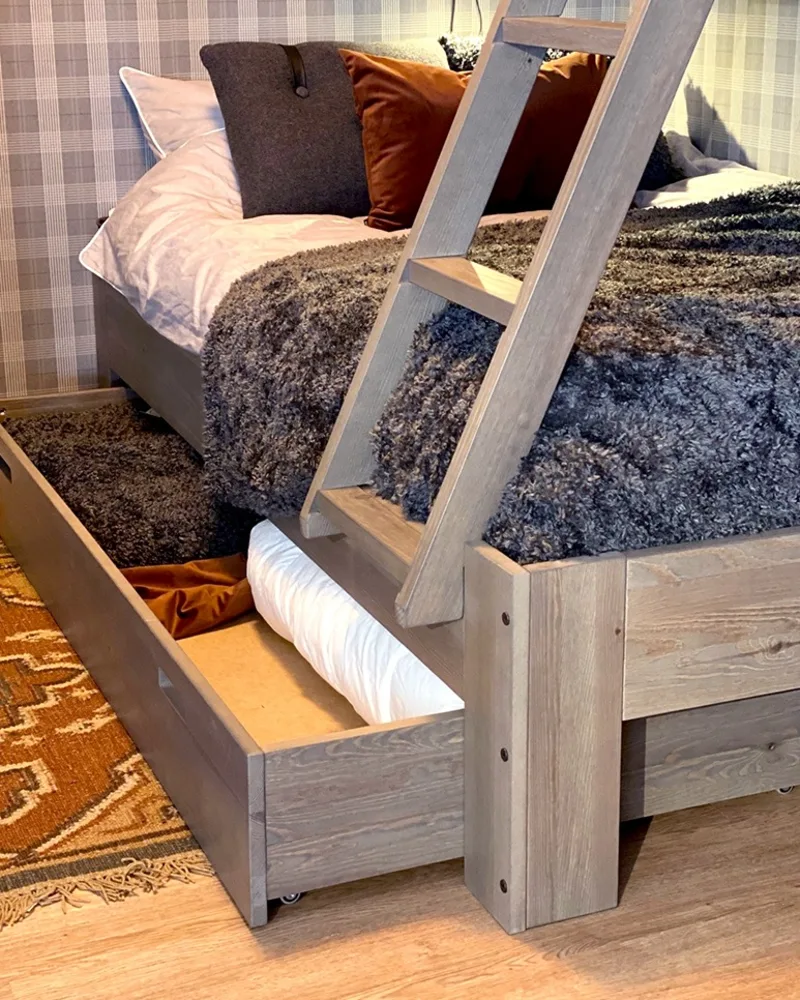 17. Gray Wood Bunk Bed with Rolling Linen Drawer and Chunky Knit Layers