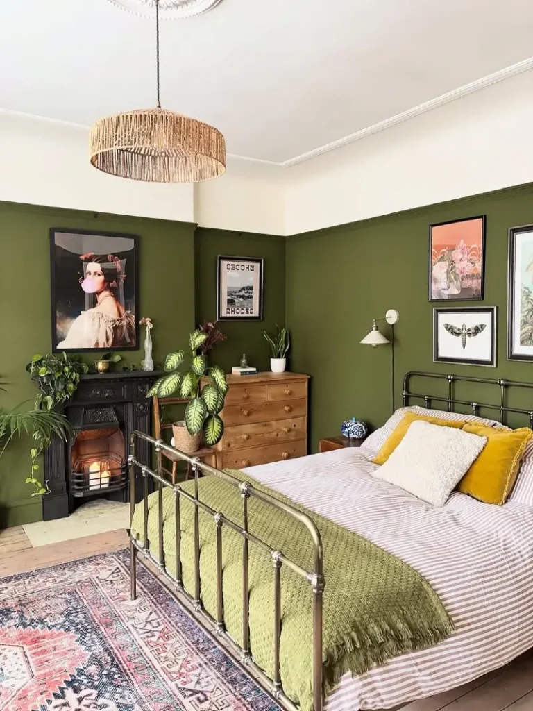 17. Pale Sage Bedroom with Tufted Linen Headboard and Botanical Wall Prints