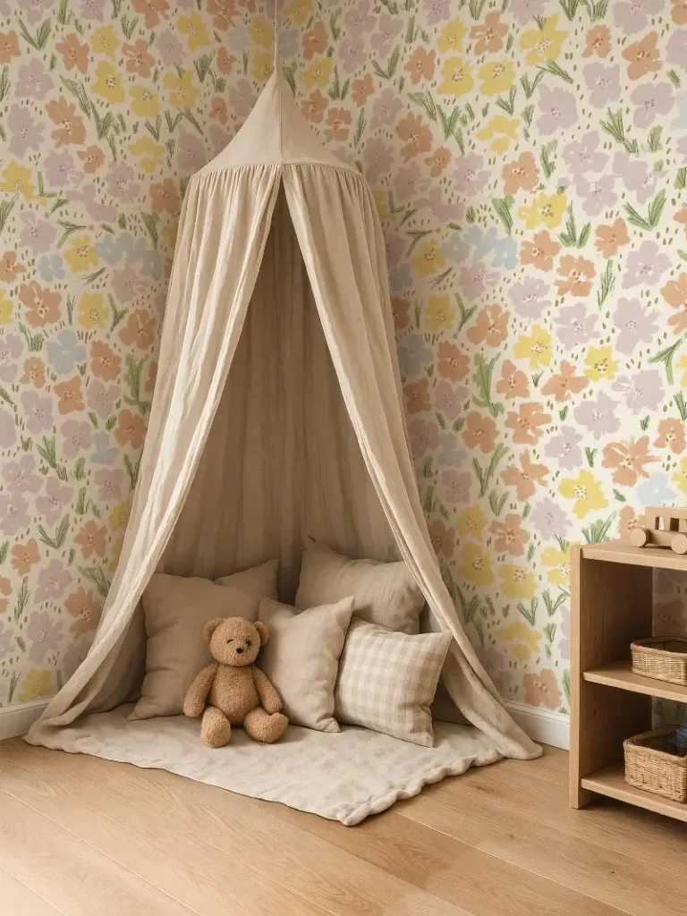17. Soft Canopy Reading Nook with Pastel Floral Wallpaper and Cozy Floor Layers