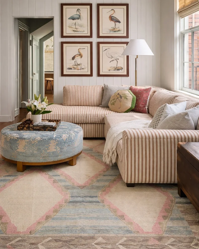 17. Soft Vintage Pattern Rug in Striped Living Room with Ottoman Coffee Table and Bird Wall Art