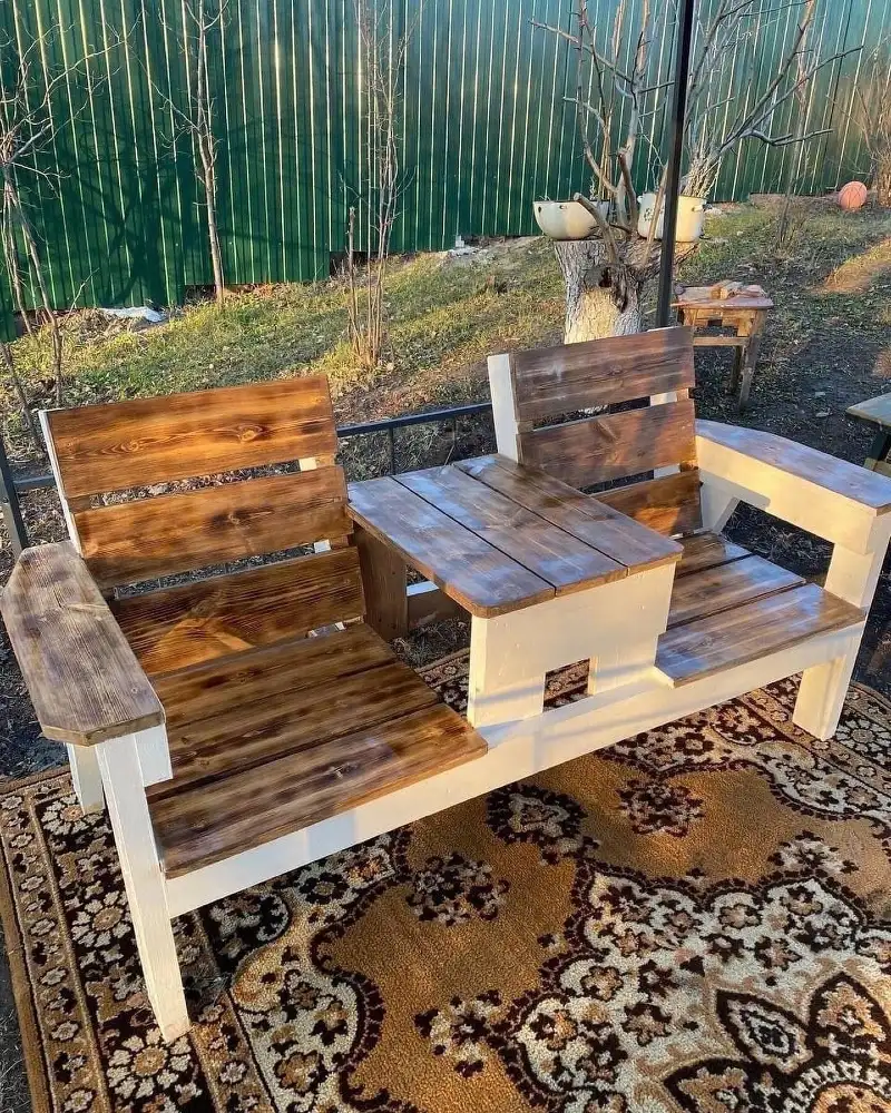 17. Two Seat Wood Bench with Center Table and White Painted Frame