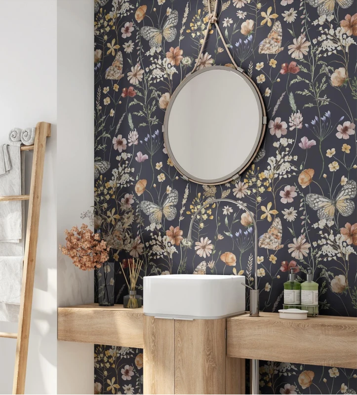 18. Dark Botanical Butterfly Wallpaper with Rope-Hung Mirror and Warm Wood Vanity