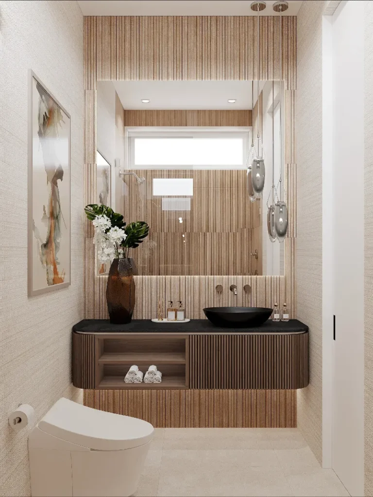 18. Fluted Wood Vanity with Black Vessel Sink