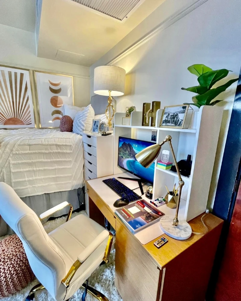 18. Gold Accent Study Nook with Sun Print Art and Cream Raised Bed
