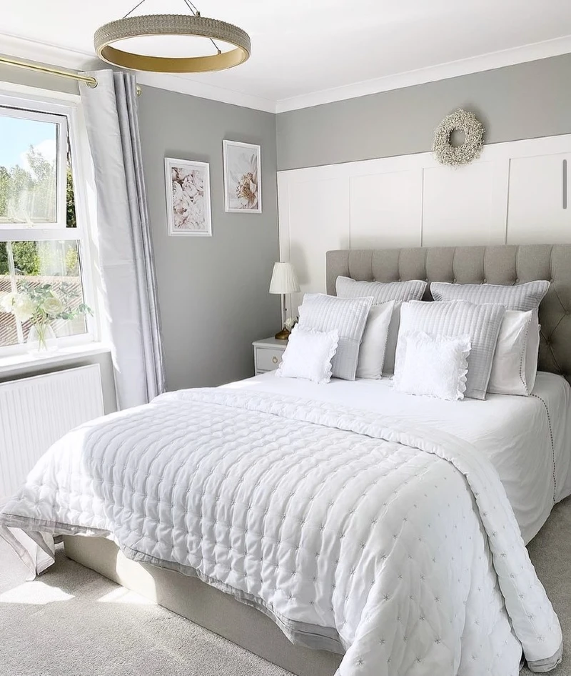 18. Gray Tufted Headboard with White Board and Batten and Quilted Bedding