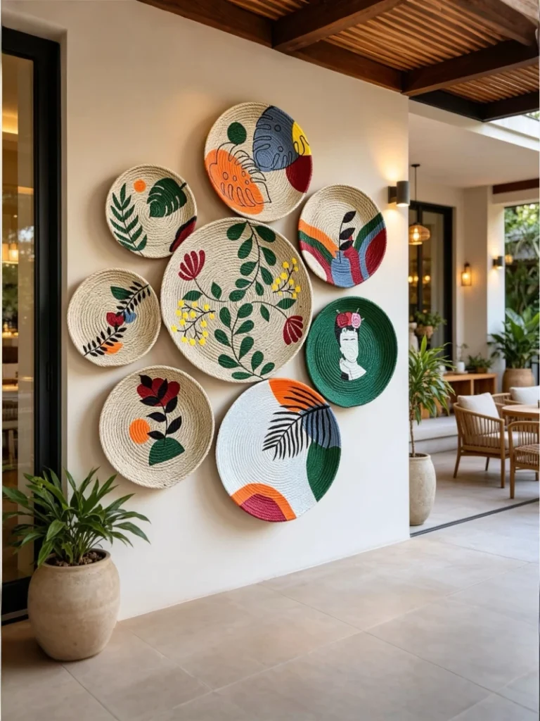 18. Oversized Woven Plate Wall with Botanical Motifs and Bold Color Accents