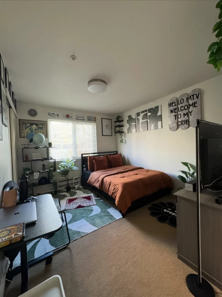 18. Rust Bedding with Gallery Wall, Globe Shelf, Plants, and Compact Desk Setup