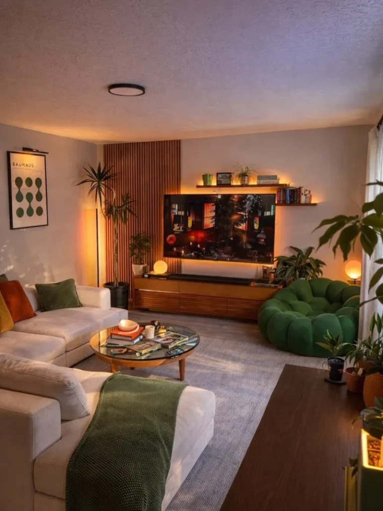 18. Warm TV Wall with Wood Slats, Green Lounge Chair, and Cream Sectional
