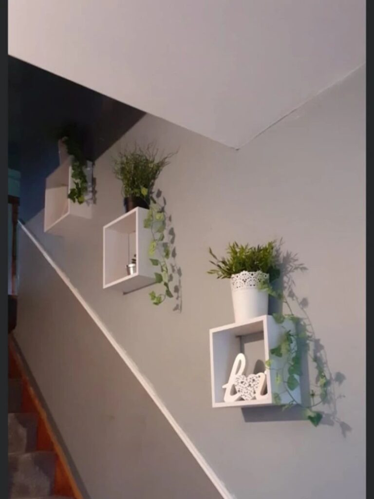18. White Cube Stair Shelves with Trailing Ivy and Small Potted Greens