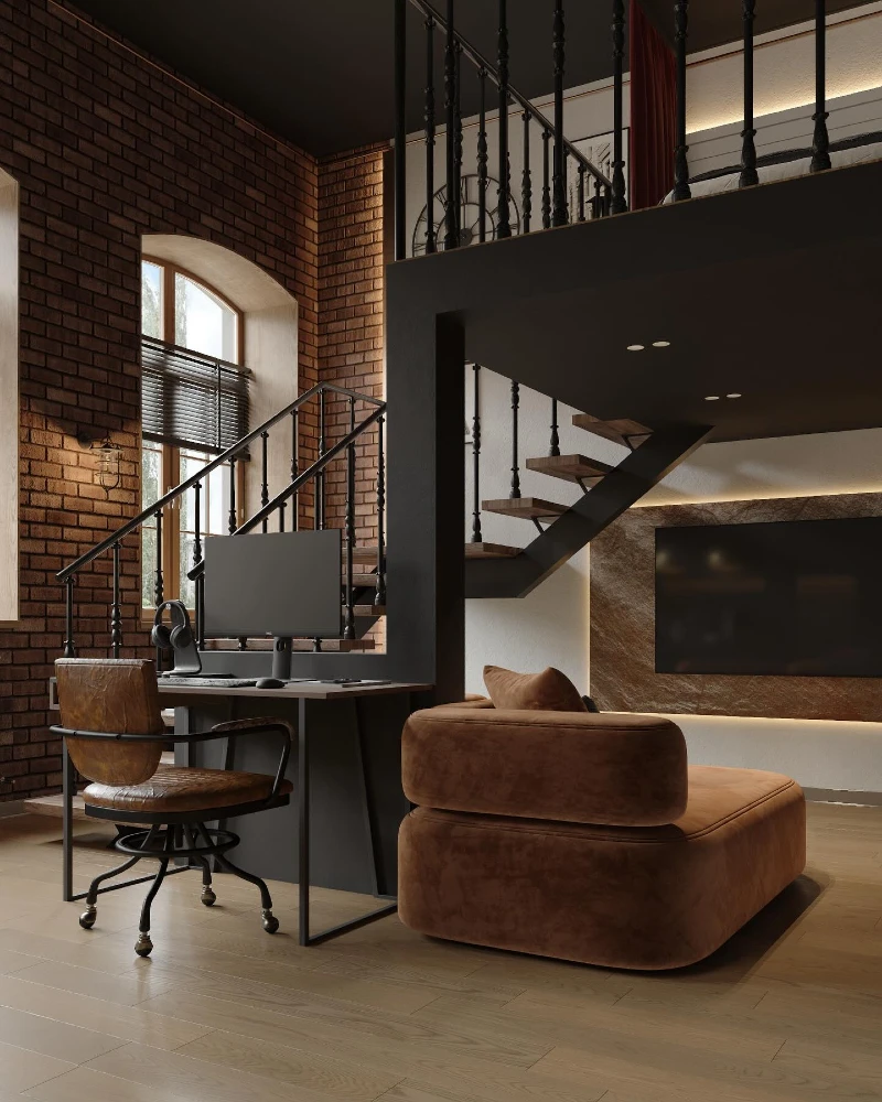 19. Brick Loft Workspace with Black Stair Rail, Cognac Lounge Chair, and Backlit TV Wall
