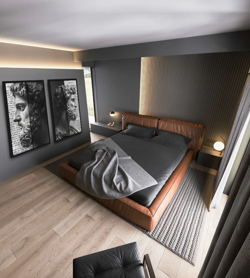 19. Cognac Leather Bed with Charcoal Slatted Wall and Classical Black Framed Art