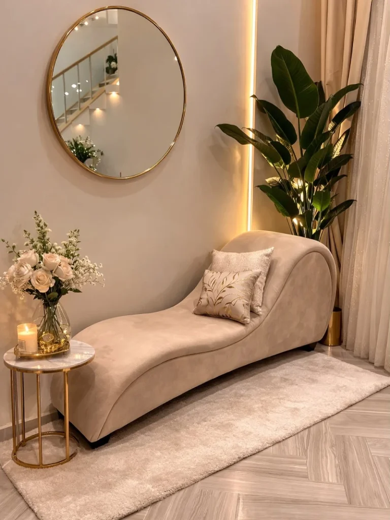 19. Gold Round Mirror with Cream Chaise, Marble Side Table, and Tall Green Plant