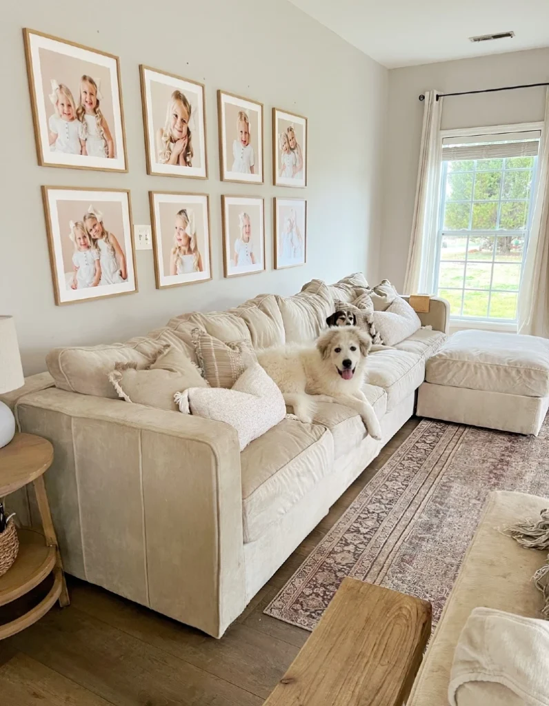 19. Minimal Renter-Friendly Family Gallery Wall Above Neutral Sofa with Soft Light Frames