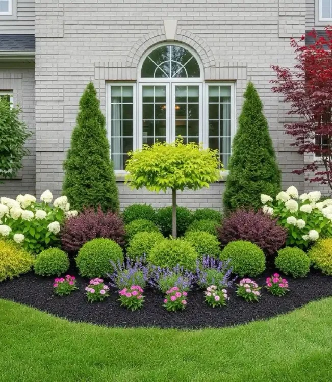 2. Arched Window Foundation Bed with Boxwood Mounds, White Hydrangeas, and Black Mulch