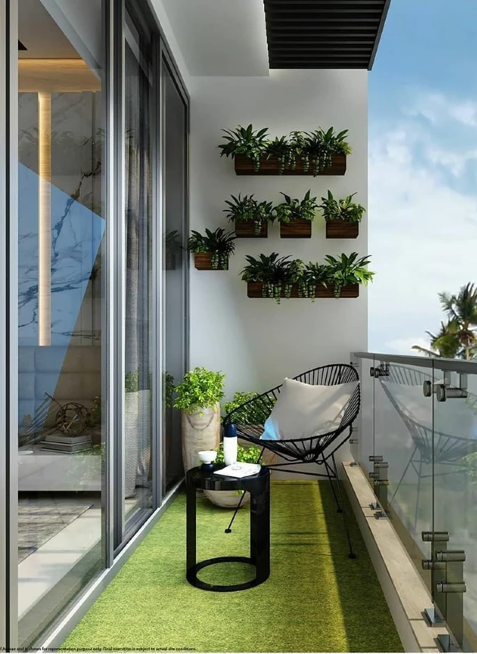 2. Artificial Grass Balcony with Black Wire Chair and Wall Planter Rows