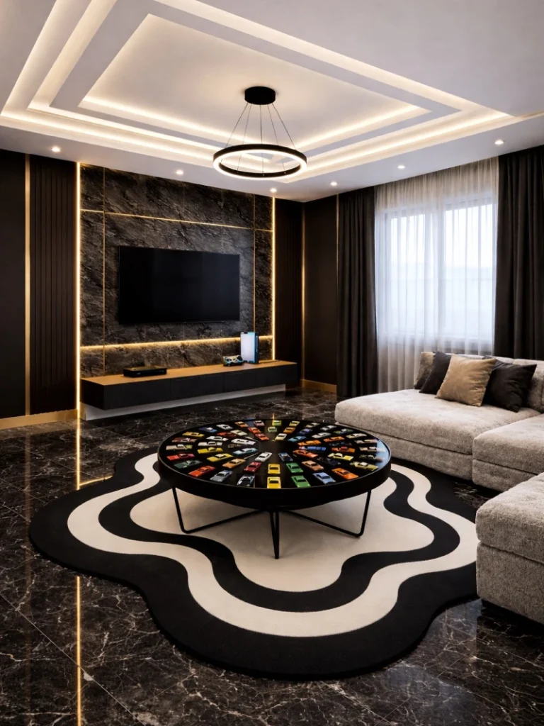 2. Black Marble Media Wall with Halo Ceiling Light and Wavy Rug