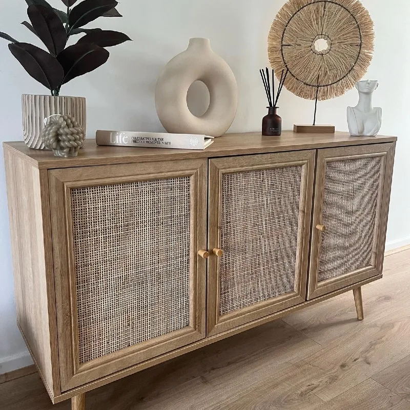 2. Cane Front Sideboard with Sculptural Vase and Woven Wall Art