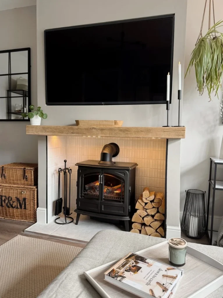 2. Chunky Wood Mantel Shelf with Candlesticks, Greenery, and a Black Stove