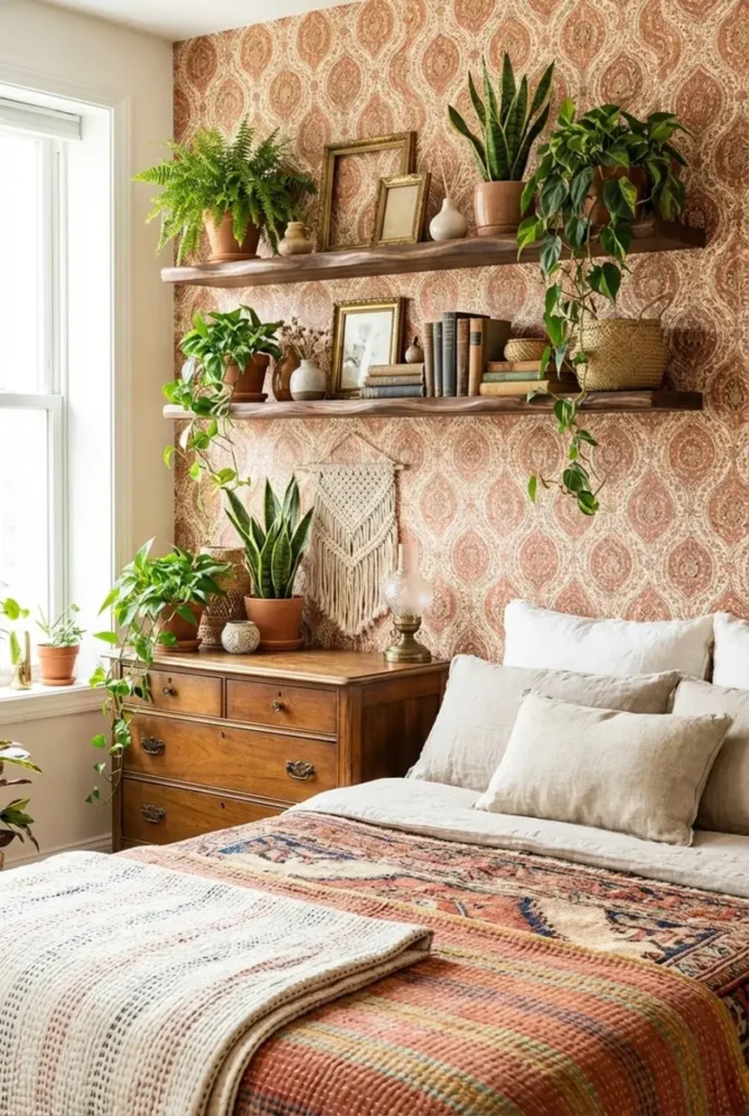 2. Layered Boho Shelf Wall with Patterned Wallpaper and Plants