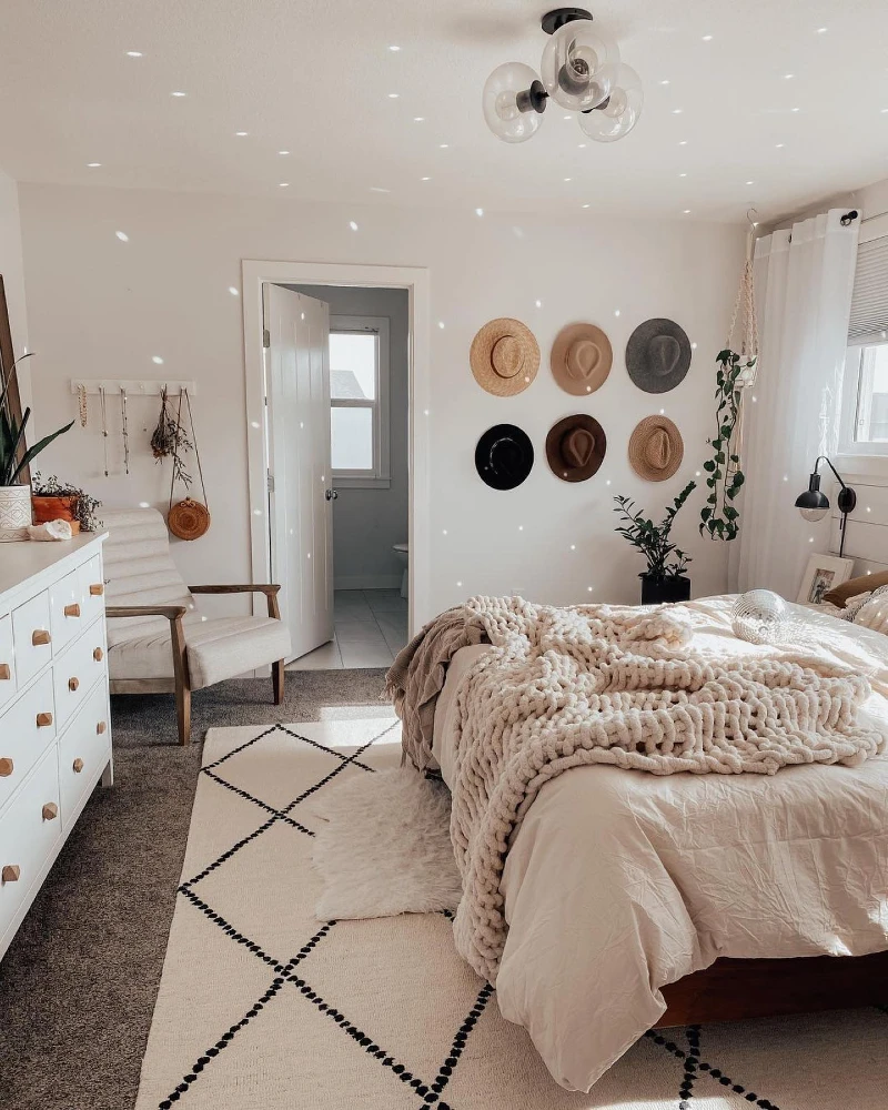 2. Neutral Bedroom Rug Layer Over Grey Rental Carpet with Graphic Line Contrast