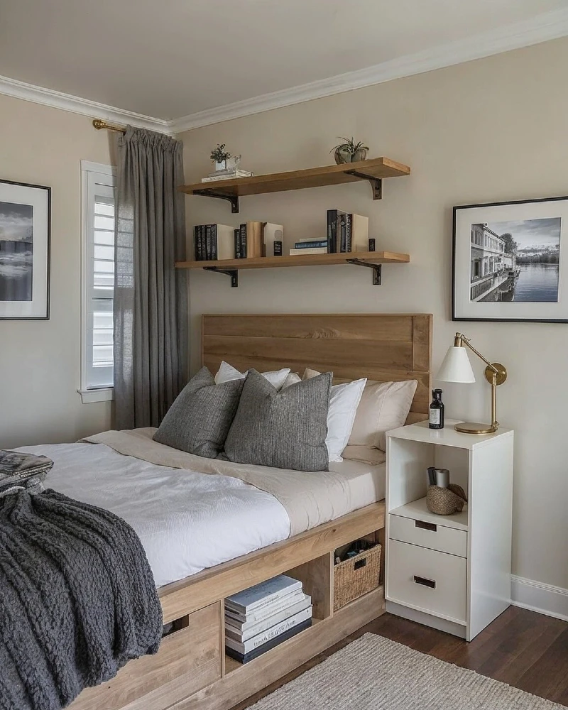 2. Platform Bed with Open Wood Cubbies, Stacked Books, and Woven Basket Storage