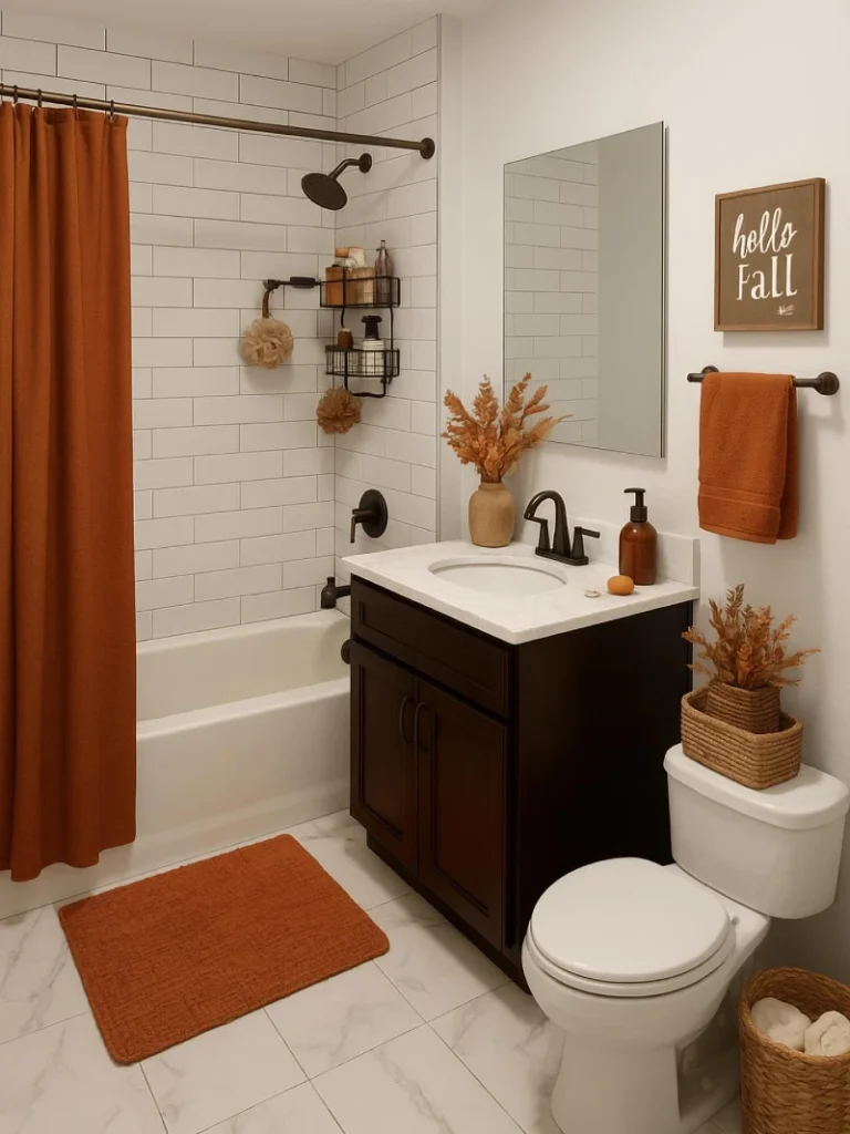 2. Rust Shower Curtain with Dark Vanity and Fall Florals