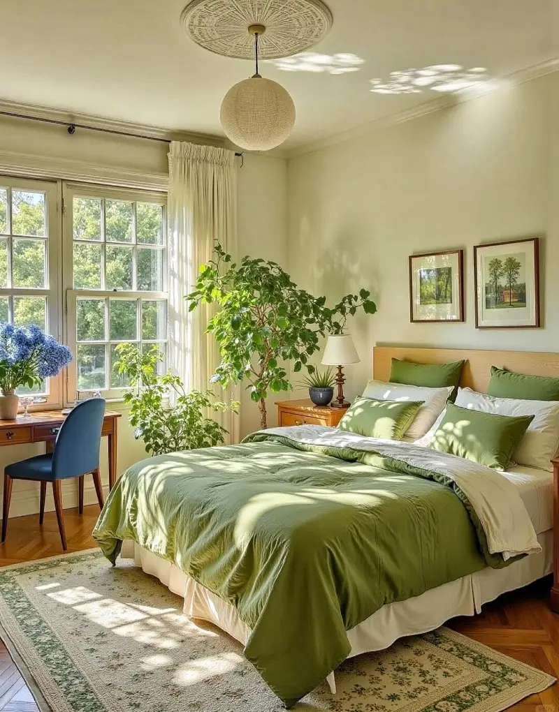 2. Sunlit Sage Walls with Olive Bedding and Leafy Window Plants