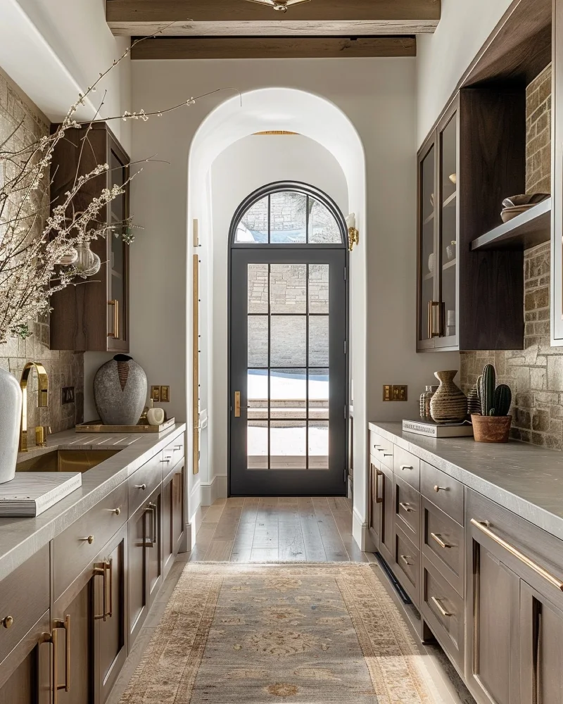 2. Taupe Galley Kitchen with Brass Pulls, Stone Walls, and an Arched Glass Door