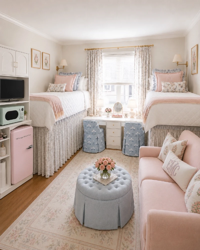 20. Raised Twin Beds with Pastel Lounge Area, Floral Curtains, and Mini Kitchen Shelf