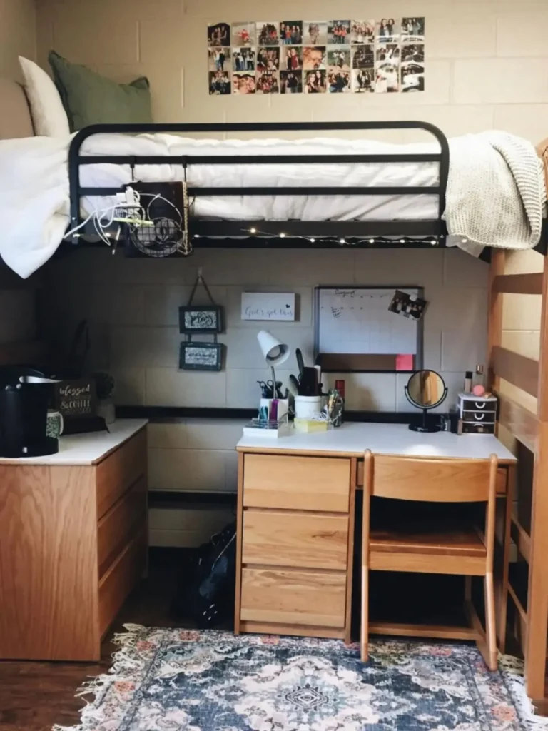 21. Lofted Bed Study Zone with Photo Grid, String Lights, and Wood Desk Setup