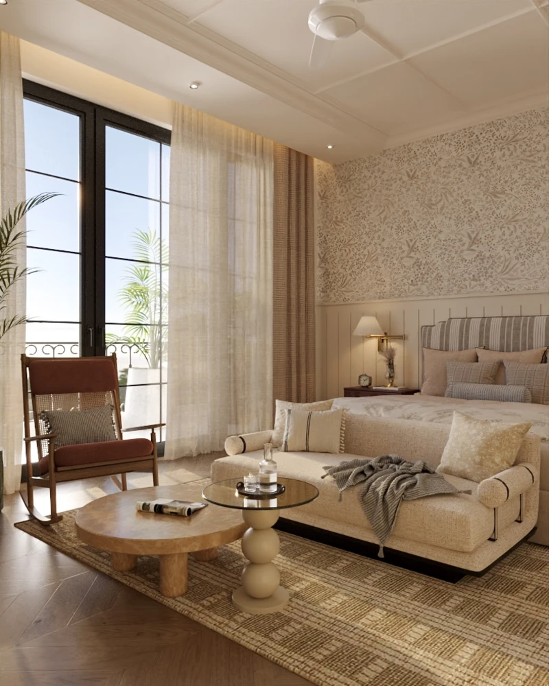 3. Black Framed French Doors with Linen Drapes and Botanical Wallpaper