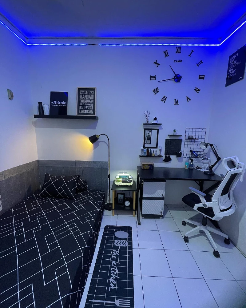 3. Blue LED Ceiling Strip with Black Grid Bedding and Compact Work Desk